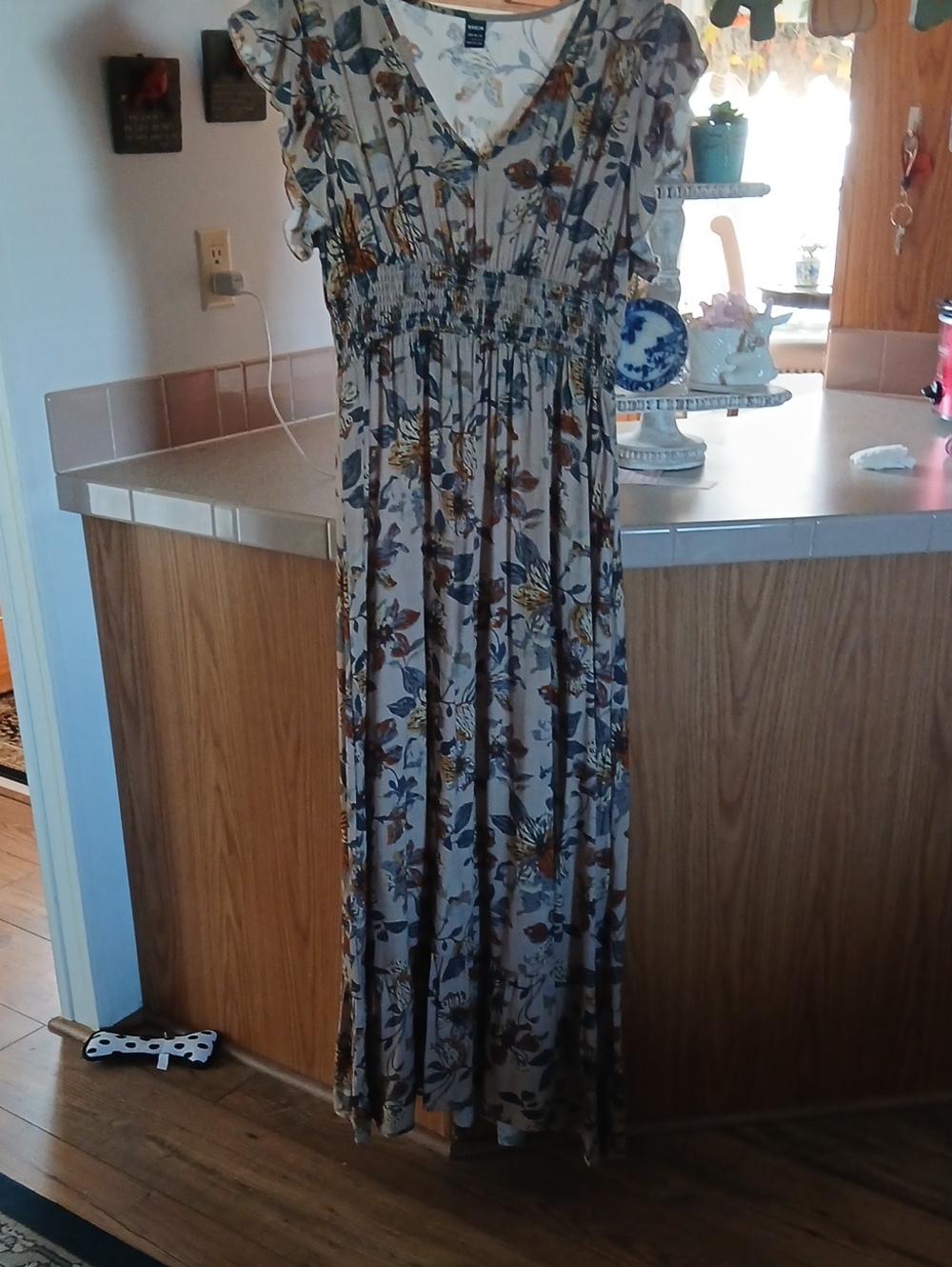 SHEIN Beige Floral Maxi Dress with Blue and Brown Accents